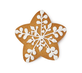 Tasty star shaped Christmas cookie with icing isolated on white, top view