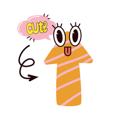Groovy lovely arrow sticker. Funky cute arrow character in trendy retro 60s 70s style with eyes and speech bubble. Vector illustration isolated.