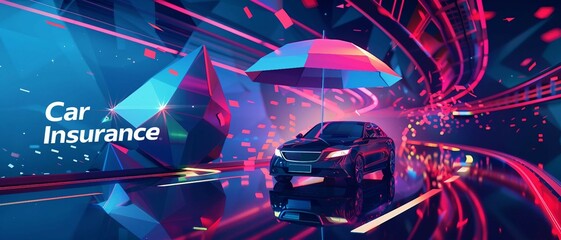 an illustration  with  the phrase Car Insurance seamlessly blends with a low poly 3D representation of a car and insurance umbrella. 
 - obrazy, fototapety, plakaty