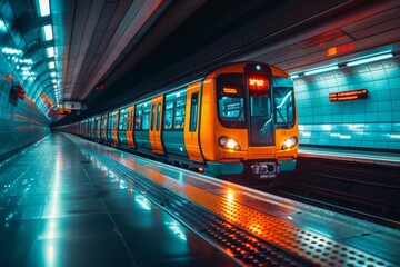 Sleek orange train stopped at a lit underground subway station, highlighting public transportation and city infrastructure