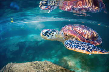 Green turtle swimming close to the surface