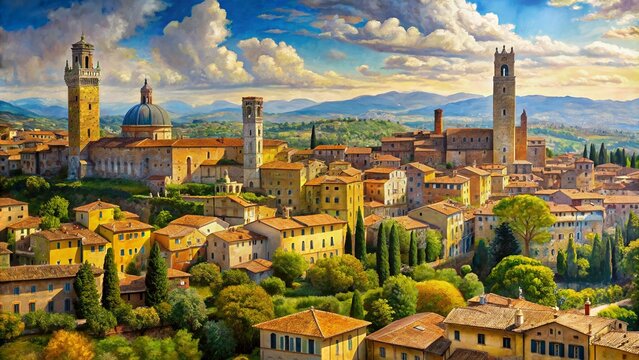 Italian Summer Cityscape: Old City Center Oil Painting in Tuscany Landscape