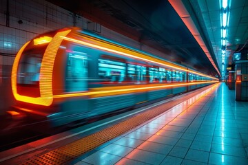 An underground metro train captured in motion, with vibrant lights creating a dynamic streaked effect in the station