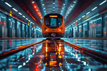 A sleek orange metro train stands stationary in a modern, futuristic subway station