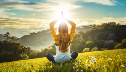 A young woman with long blond hair is meditating with her legs crossed and hands clasped above the head, sitting on a green meadow on a hill. Generative Ai.