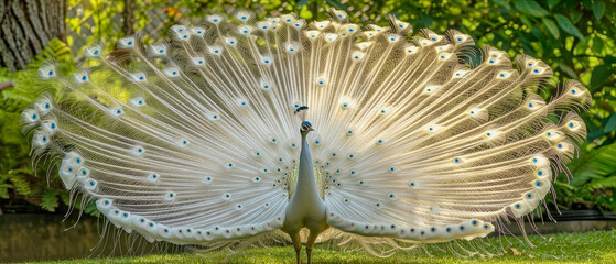 White peacock with tail spread