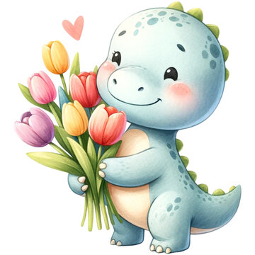 cute watercolor dinosaur in spring time