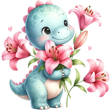 cute watercolor dinosaur in spring time © NatthyDesign