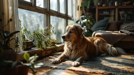 A Japanese modern minimalist style of the room, the sun shines through the curtains on the floor and a golden retriever lying next to it