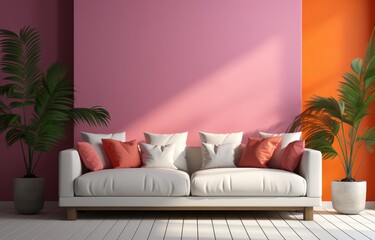 Mockup living room interior with colorful minimal sofa on empty color wall background