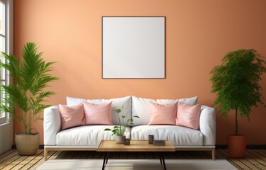 Fototapeta na wymiar Mockup living room interior with colorful minimal sofa on empty color wall background