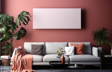 Mockup living room interior with colorful minimal sofa on empty color wall background