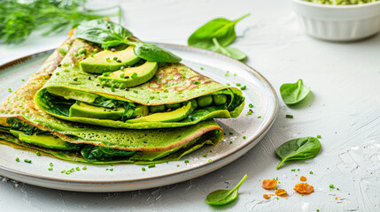 stack of vegan spinach crepes garnished with microgreens on ceramic plate. Plant based diet concept. Healthy breakfast recipe. Restaurant menu. Close up, side view. Trendy vegetarian food