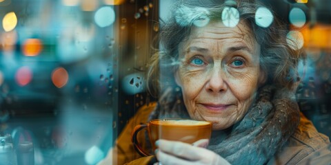 A senior brunette Caucasian woman, her hair reflecting a lifetime of experiences, cherishes a tranquil coffee moment within a double exposure image.