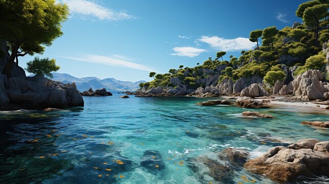 a beach, surrounded by rocks, trees, and clear, blue water, in the style of uhd image, landscapes, mediterranean-inspired, dark amber and cyan, romantic scenery, 32k uhd