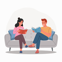 Man and woman reading books on the sofa. Flat style cartoon vector illustration.