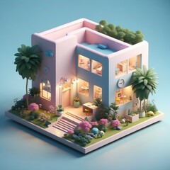 3D isometric cute Modern House with Trees and Decorations in the Cityscape. create with ai