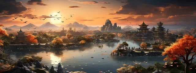 Fotobehang a beautiful scene from sunrise shows a city from the sky, in the style of dynasty, colorful gardens, timber frame construction, mountainous vistas, light green and bronze, firecore, grandiose architec © Smilego