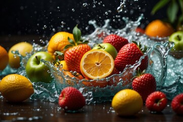 Ripe fruits create a vibrant splash in crystal-clear water
Colorful fruits plunge into refreshing water Fresh fruits make a playful splash in the water. create with ai