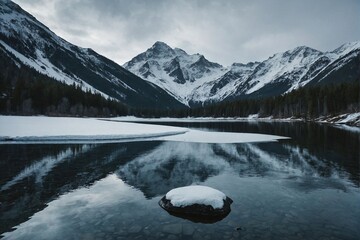 A Mountain Lake Surrounded by Snow Covered Mountains. Generative AI. - 746609138