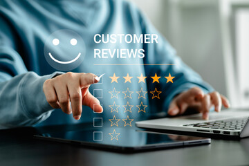 Women customer reviews a five-star rating service rating shopping online, satisfaction, feedback positive rating, customer service experience, testimonial, and satisfaction survey.