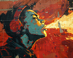 Cyberpunk street artist using fire as a medium rebellious and vivid