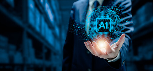 Businesswomen holding  Artificial intelligence AI circuit boards, network internet online, AI...