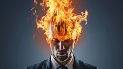 Man with his head on fire - overthinking, problem solving or headache concept - obrazy, fototapety, plakaty