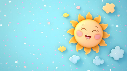 A cute cheerful sun on a blue background with clouds.
