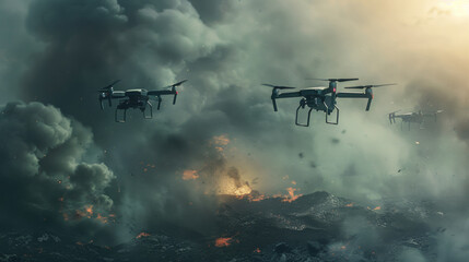 Drones Over Volcanic Eruption - Apocalyptic Surveillance Scene
