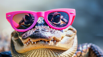 Portrait of cute crocodile wearing pink sunglasses