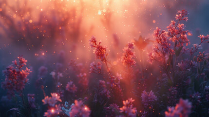 Field of wild flowers, mystical foggy morning