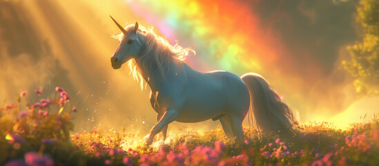 Magic unicorn in blossoming field, fairytale atmosphere - obrazy, fototapety, plakaty