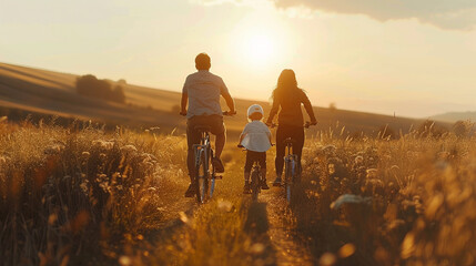 A happy family enjoying a bike ride together in the countryside