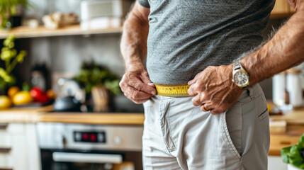 A man measuring his waistline as part of a weight management program - obrazy, fototapety, plakaty