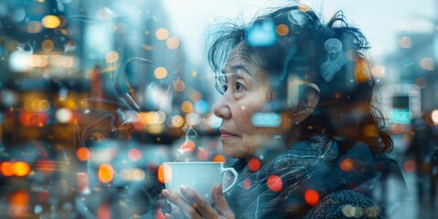 A senior woman with black hair, her locks carrying a lifetime of stories, embraces a serene coffee moment within a double exposure image.