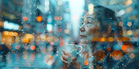 A senior woman with black hair, her locks carrying a lifetime of stories, embraces a serene coffee moment within a double exposure image.