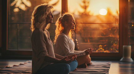 A mother and daughter practicing meditation together at home - obrazy, fototapety, plakaty