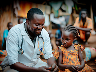 Médico examinando e conversando com criança em área carente e desamparada