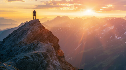 A silhouette of a person standing on top of a mountain peak looking out at a sunset symbolizing reaching business goals