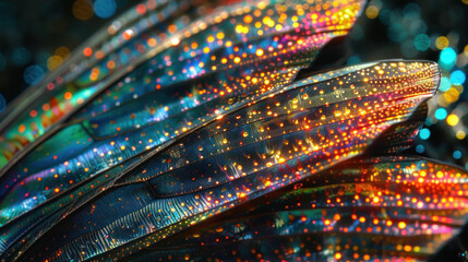 Multi-colored unreal trippy fantastic dragonfly wing texture, microscopic image - obrazy, fototapety, plakaty