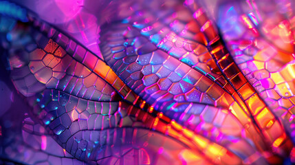 Neon colored psychedelic fantastic dragonfly wing texture, macro image - obrazy, fototapety, plakaty