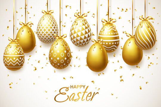 Easter frame with golden realistic 3D eggs and confetti. Vector background Easter card, invitation, flyer, banner.