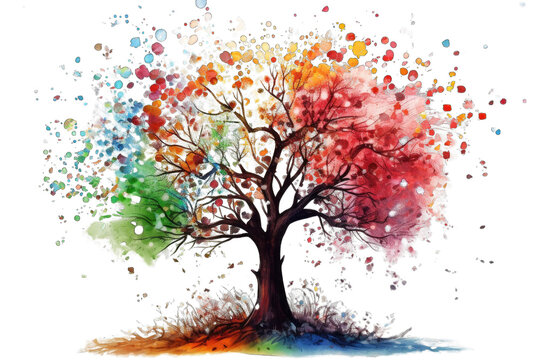 the tree of life in colorful spring watercolor painting style png / transparent