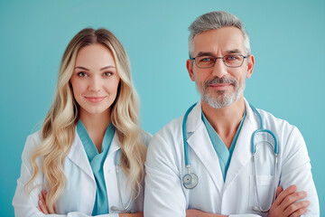 Equipe médica posando em fundo fotográfico 