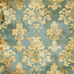 Aged teal wallpaper with golden damask patterns and distressed texture.