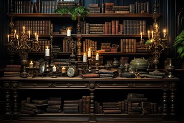 a big wooden bookcase with lots of copies of books, in the style of meticulous photorealistic still lifes, vintage academia, darktable processing, studyplace - obrazy, fototapety, plakaty