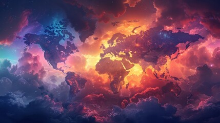 Fototapeta na wymiar Colorful World Map Floating in the Clouds