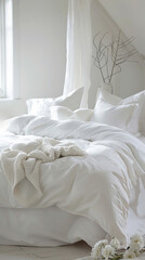 Fototapeta na wymiar White Bed With White Sheets and Pillows