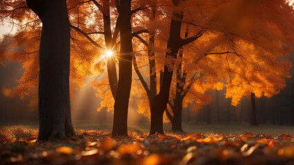 Autumn forest at sunset 